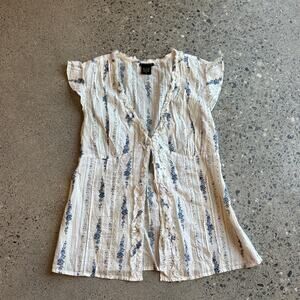 FANG Women’s L Top Blue Floral Cotton Blouse Button Up Tunic